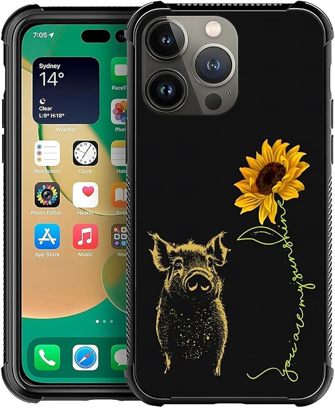 for iPhone 14 Pro Max Case, Pig Sunflower Yellow Sunshine Pattern Graphic Design Girl Boy Soft Silicone Hard Acrylic Shock Protection for iPhone 14 Pro Max