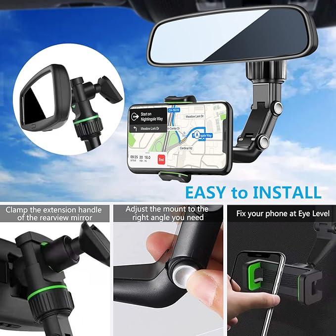 PKYAA Rearview Mirror Phone Mount Holder for Car, 360° Rotating , Multifunctional Mount Phone and GPS Holder Universal Car Phone Holder for All Smartphones