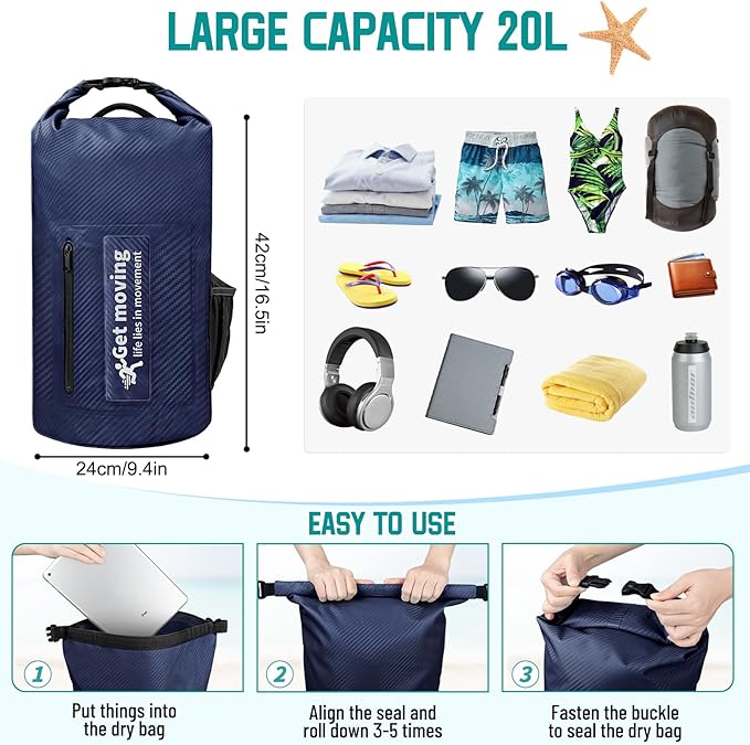 BKNOOU Dry Bag Waterproof Backpack for Women Men, 10L/20L Roll Top Dry Bags for Kayaking Waterproof Bag for Travel, Boating, Beach, Camping, Hiking & Rafting, Dry Storage Bag with Phone Pouch