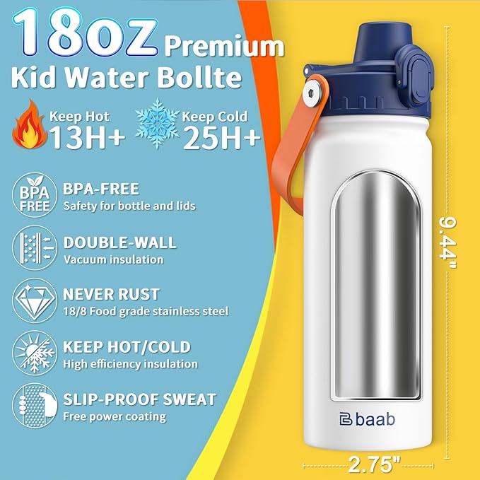 baab 18oz Kids Water Bottle, Insulated Kids Water Bottle with Lockable Spout Lid & Stickers, 18/8 Stainless Steel Vacuum Leakproof Kid Water Cup for Boy Girl School (White+Pink, 2 Pack)