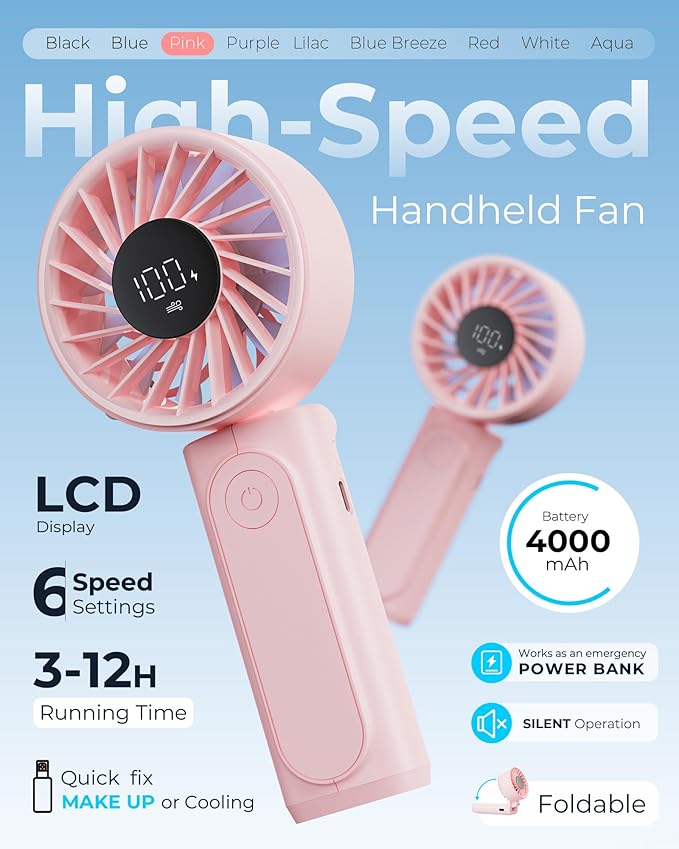 Peiyuu Handheld Portable Fan, 4000mAh USB Rechargeable Personal Fan, 180° Foldable Mini Desk Fan with 6 Wind Speed, LCD Digital Display, Lanyard as Neck Fan, Ultra Quiet