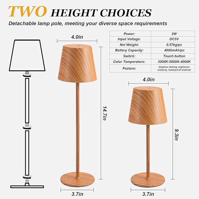 Kakanuo Cordless Table Lamp Rechargeable - Wood Grain 2 Pack 5000mAH Battery Operated Lamp for Counter, 3 Color Stepless Dimming Wireless Lamp for Dining Kitchen, Outdoor Patio, Touch Control