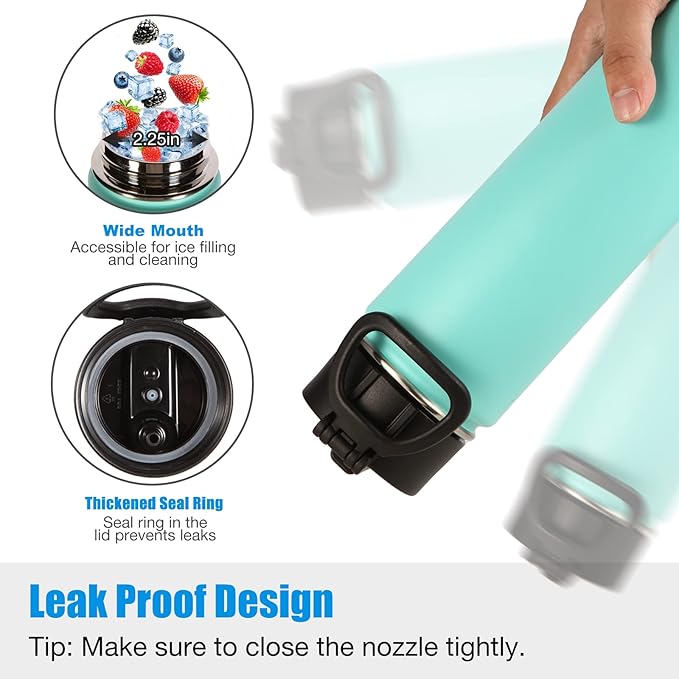 Volhoply 24oz Insulated Water Bottle With Straw Bulk 3 Pack,Metal Wide Mouth Water Bottles With Handle Lid Keep Cold,Reusable Double Wall Cups,Powder Coated Sport Bottle For Holder(Mint,3 Count)