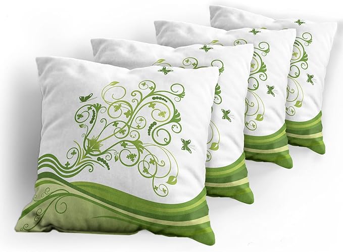 Ambesonne Vines Throw Pillow Cushion Case Pack of 4, Butterflies Leaves Flowers Colorful Nature Tones Print, Modern Accent Double-Sided Digital Printing, 20", Lime Green