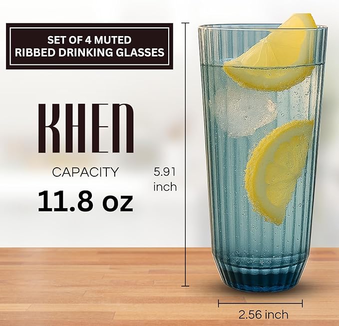 Khen Plastic Acrylic Ribbed Drinking Glasses – Set of 4 Multicolor 11.8oz Tritan Tumblers, European Style Shatterproof Drinkware – Durable, BPA-Free, Dishwasher Safe, Stackable & Unbreakable Cups