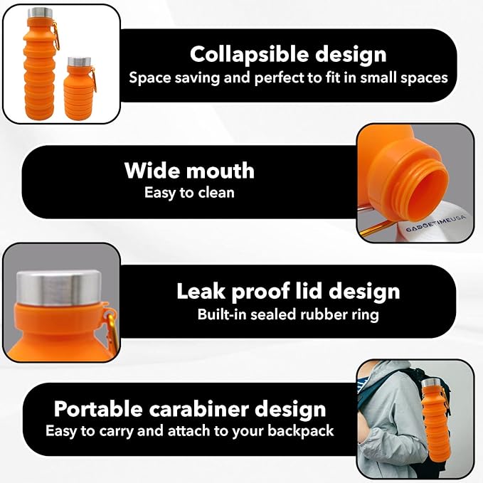 Gadgetime USA Collapsible Water Bottle (Orange) - Reusable, BPA Free, Silicone, Foldable Portable & Leak Proof - Water Bottles for Travel Gym Camping Hiking - Sports Water Bottle with Carabiner