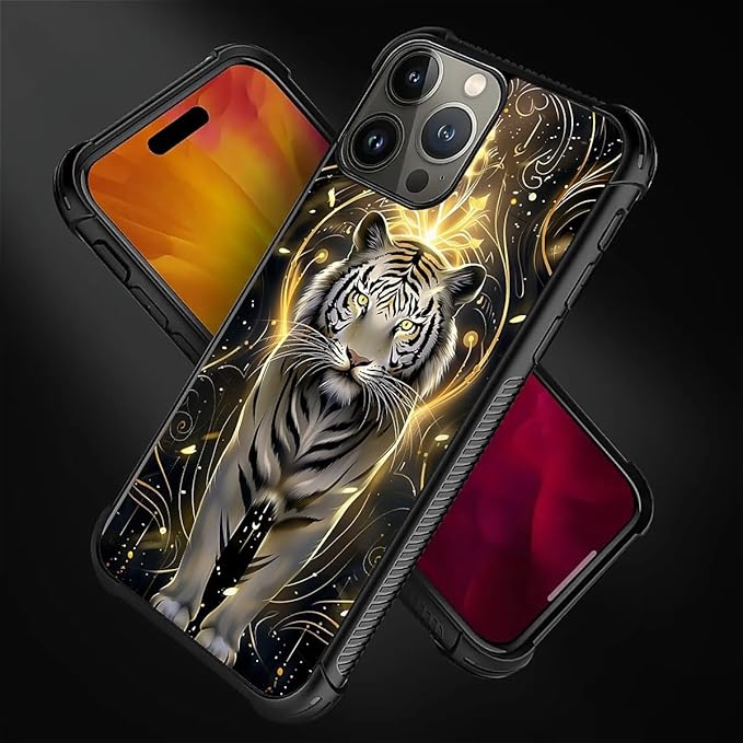 for iPhone 15 Pro Case, White Tiger Golden Mystery Pattern Graphic Design Girl Boy Soft Silicone Hard Acrylic Shock Protection for iPhone 15 Pro