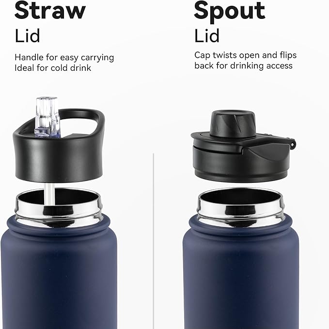 VEGOND 24oz Insulated Stainless Steel Water Bottle with Straw Lid, Double Wall Vacuum Bottle for Hiking, Camping, Sports, Navy Blue 8 Pack