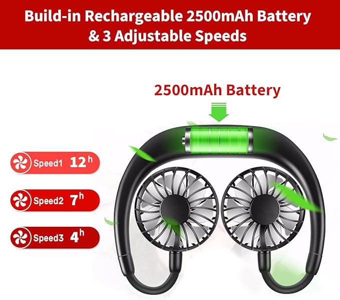 Portable Neck Fan Rechargeable Personal Hand-Free Fan Mini USB Wearable Neckband Sport Fan, 3 Speed Adjustable, 360 Degrees Free Rotation Perfect for Working, Traveling, Office, Reading (Full Black)