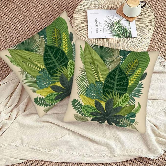 Tropical Leaves Palm 18x18 Throw Pillow Covers Set of 2 Green Tree Banana Leaf Alocasia Fern Monstera Cushion Pillow Cases Square Velvet Outdoor Decorative Home Bed Sofa Couch Office Hotel