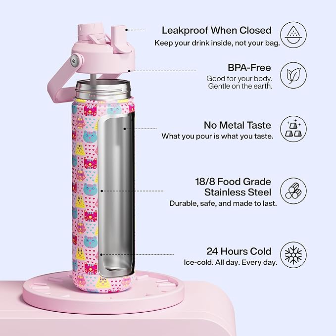 ENCOOL Insulated Water Bottle with Straw Stainless Steel Water Bottle, Leak-Proof, BPA-Free, Double Wall Vacuum Keeps Cold for 24 Hours for Sports, Travel, School (26 oz, Macaron Cat)
