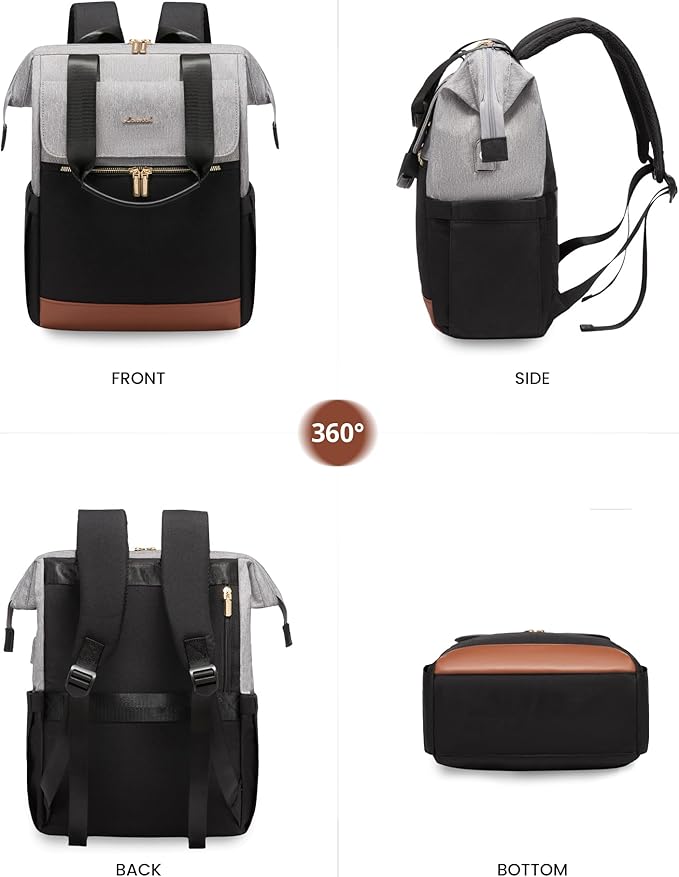 LOVEVOOK Laptop Backpack for Women, 15.6 Inch Work Laptop Bag with USB Port, Fashion Teacher Nurse Backpack Purse, Waterproof Travel Computer Backpack with Organizer Bag, 2PCS, Grey-Black