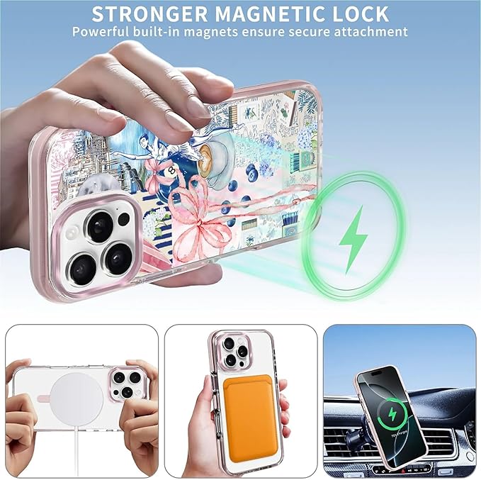 Case for iPhone 16 Pro Max,[Compatible with MagSafe],Pink Bow Girly Coquette Collage Phone Case Design，for Women Girls Magnetic Clear Cover - Slim, Sleek, & Shockproof Protection