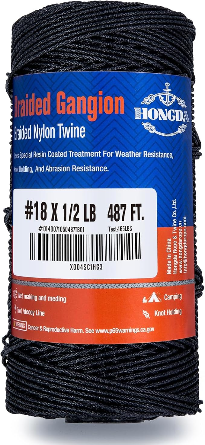 HONGDA Braided Black Nylon String, #18 Tarred Bank Line Twine, 487 Feet Black Tarred String 1.5mm for Gardening, Construction, Gear Tying, Jungle Survival