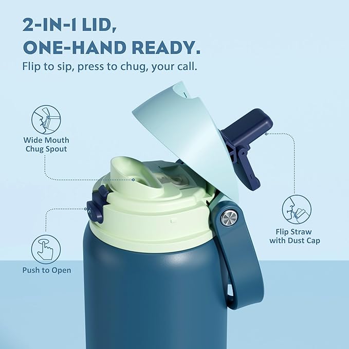 POWCAN 32 oz Insulated Water Bottle: 2-in-1 Lid with Push-Button Spout & Quick-Flip Straw, Leakproof, Cold 24Hrs, Car Cupholder, Stainless Steel Cup for Sports, School, Travel, Camping (Denim Blue)