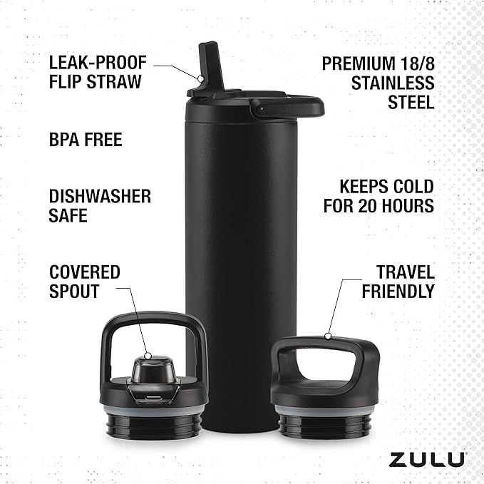 ZULU Base 24oz Stainless Steel Water Bottle with 3 Lids- Straw, Chug, Twist | Double Walled and Vacuum Insulated Metal Thermos | Fits Car Cupholder, Built in Carry Loop, Dishwasher Safe, Black