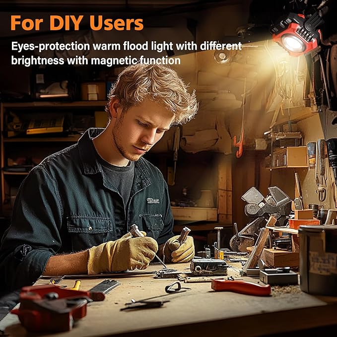 Samyoung 2-Pack 2400LM Magnetic Rechargeable Work Light, Dual-Sided LED Work Light, Up to 80 Hours Runtime, Stepless Dimming 2700K-8000K, Magnetic Flashlight with 360° Rotating Stand, Hook, Red