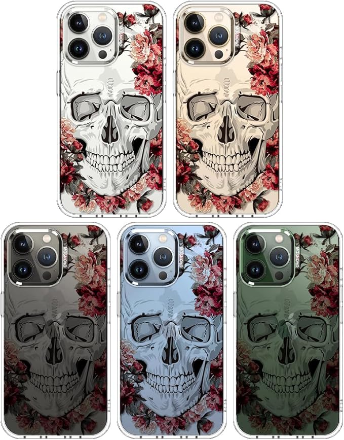 MOSNOVO Case for iPhone 13 Pro, [Buffertech 6.6ft Military-Grade Drop Protection] [Anti Peel Off Tech] Clear TPU Bumper Phone Case Cover Design - Red Flower Skull