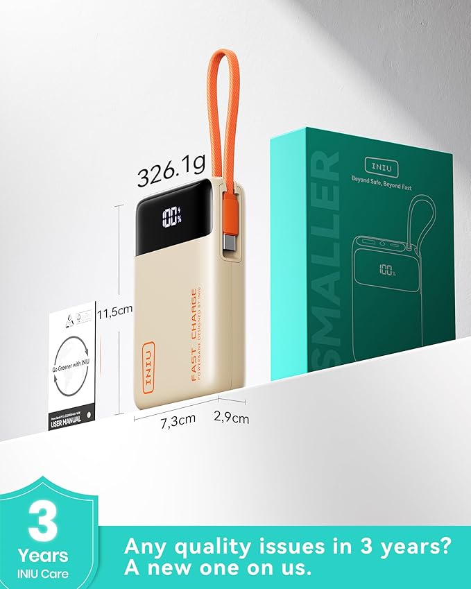 INIU 20000mAh Power Bank, Small Portable Charger, 45W PD Fast Charging Battery Pack with Build in USB-C Cable, Travel Phone Charger for iPhone 17 16 15 14 Air Samsung S25 S24 Google iPad Xiaomi, Beige