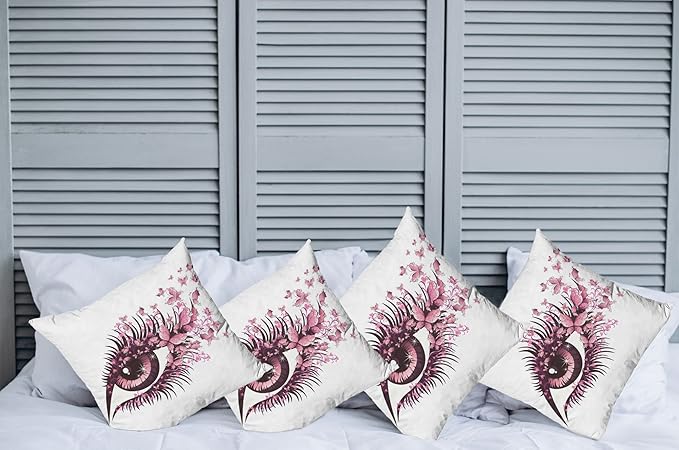 Ambesonne Butterflies Throw Pillow Cushion Case Pack of 4, Female Eye Eyelashes Mascara Stare Party Makeup Animal Print, Modern Accent Double-Sided Digital Printing, 20", Pink White