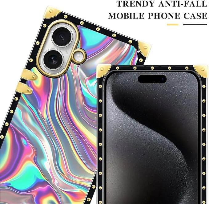 for iPhone 17 Case Luxury Golden Decoration for Girl Women Soft TPU Shockproof Protective Hard PC Back for iPhone 17 Crazy Pattern Holographic Abstract Iridescent Textures