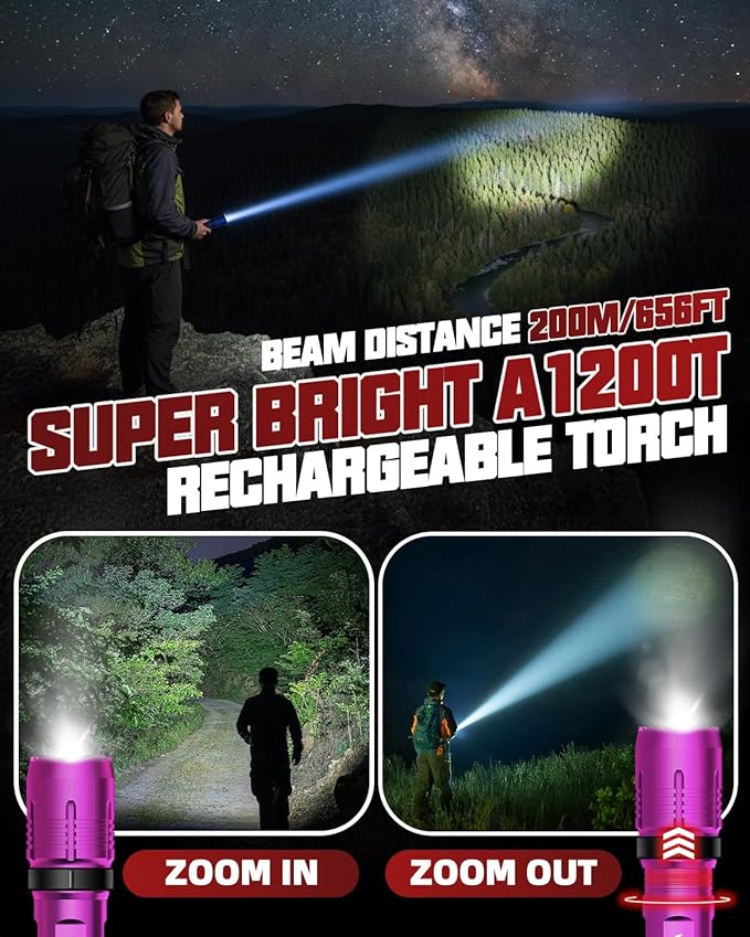 Victoper Pink Rechargeabe Flashlight 2 Pack, High Lumens 5 Modes LED Bright Tactical Flashlights, Waterproof Zoomable Flash Light for Outdoor, Gifts for Camping Essentials Gear