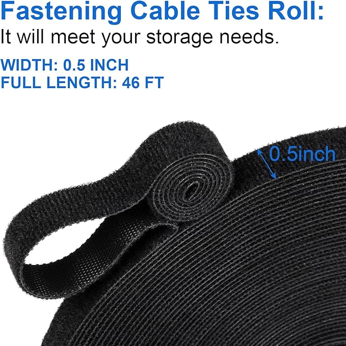 OneLeaf 46ft x 1/2inch Fastening Cable Ties Roll, Reusable Self-Gripping Strips, Double Sided Hook and Loop Tape Cable Management, Cut to Length Straps, Black Heavy Duty Wire Management