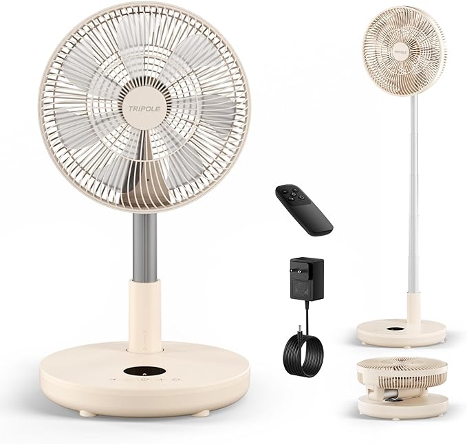 TriPole Foldable Standing Fan 12" Portable Rechargeable Battery Pedestal Fan with Remote, Timer Setting, Height Adjustable, for Home Office, 6 Speed, 12000mAh (Beige)