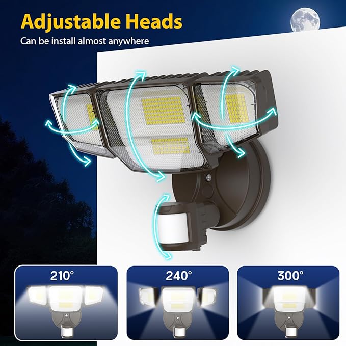 Abovizo 90W Motion Sensor Outdoor Lights, 10000LM LED Flood Light Outdoor with 4 Adjustable Heads, 6500K Daylight, Dusk to Dawn, IP65 Waterproof Security Light for Garage, Yard, Porch, Front Door