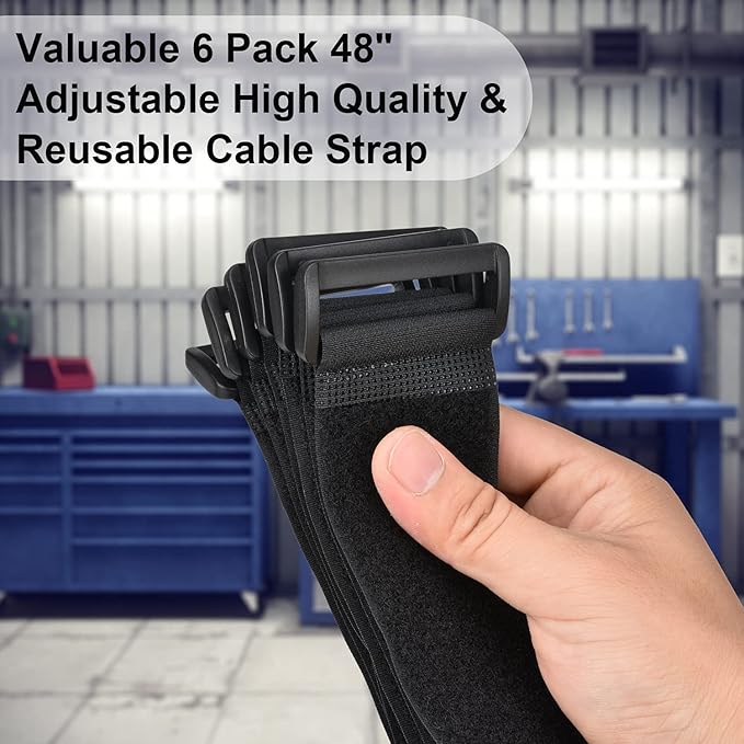 2 x 48 Inch Hook and Loop Cable Tie, 6 Pack Heavy Duty Adjustable Fastening Adhesive Cinch Strap with Plastic D-ring Buckle, Multi-Purpose Reusable Cord Organizer by Cacturism
