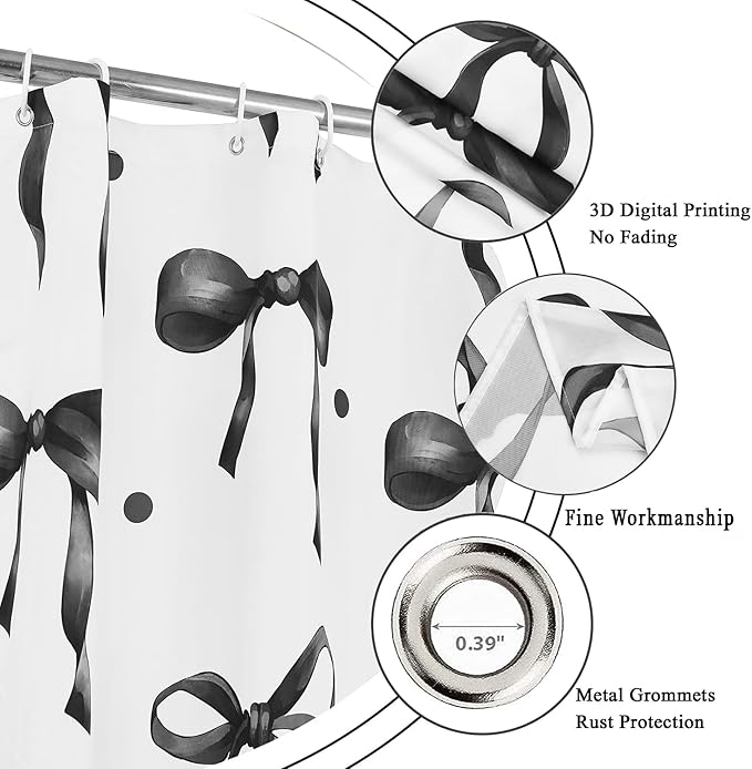 Black Bow Shower Curtain, Black and White Modern Aesthetic Bowknot with Polka Dot Cute Girly Bathroom Curtain Waterproof Fabric Machine Washable with Hooks, 60" Wx72 L