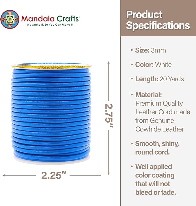 Mandala Crafts Round Genuine Blue Leather Cord for Jewelry Making – 3mm Cowhide Leather Rope String Lace for Kumihimo – 20 Yards Cowhide Craft Cording Spool
