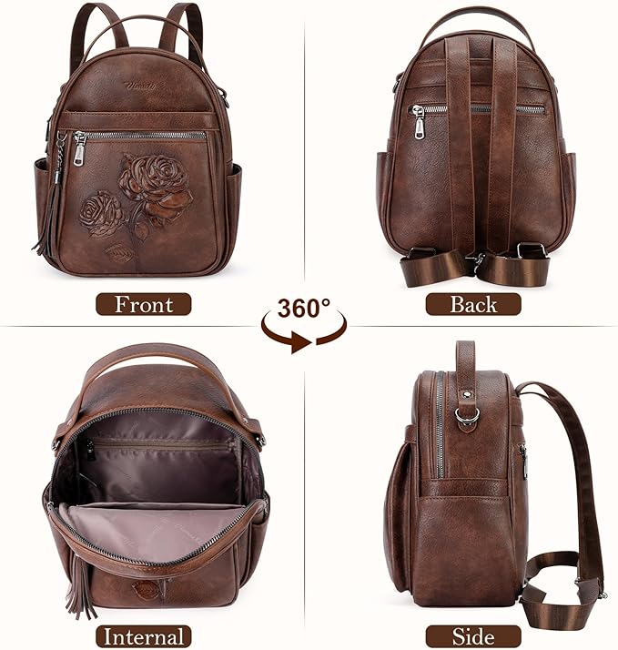 Mini Backpack Purse for Women,Embossed Leather Small Backpack Fashion Travel Backpacks Daypacks Shoulder Handbag (COFFEE-Flower)