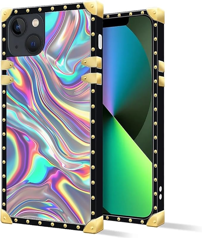 Compatible with iPhone 13 Case, Holographic Abstract Iridescent Textures Luxury Golden Decoration for Girl Women Soft TPU Shockproof Protective Hard PC Back for iPhone 13