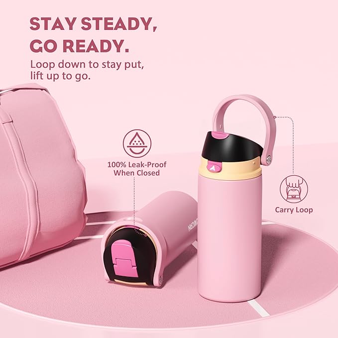 POWCAN 18 oz Insulated Water Bottle for Women: 2-in-1 Push-Button Spout & Quick-Flip Straw, Leakproof, Cold 24Hrs, Fits Car Cup Holder, Stainless Steel Cup for Sports, Camping, Gift (Polka Whimsy)