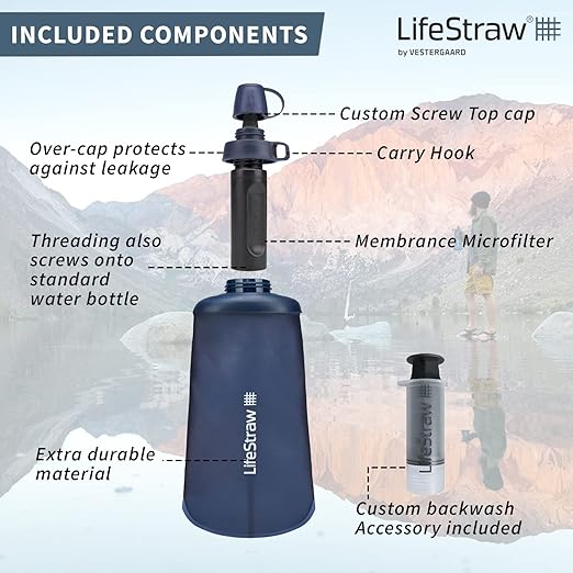 LifeStraw Peak Series - Collapsible Squeeze Bottle Water Filter System – 650ml for Trail Running, Through Hiking, Travel, Cycling, and Fishing; BPA-Free; Mountain Blue