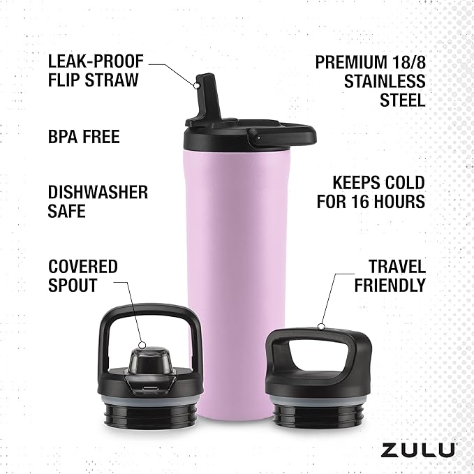 ZULU Base 18oz Kids Stainless Steel Water Bottle with 3 Lids- Straw, Chug, Twist | Double Walled and Vacuum Insulated Metal Thermos | Fits Car Cupholder, Built in Carry Loop, Dishwasher Safe, Pink
