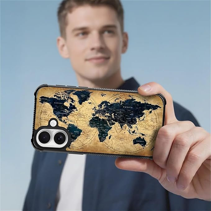 for iPhone 17 Case,for MagSafe Graphic Design for Girl Boy Soft Silicone Hard Acrylic Shock Protection Designed for iPhone 17 Brown World Map Pattern
