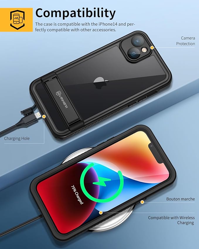 Lanhiem for iPhone 14 Case with Kickstand, IP68 Waterproof Dustproof Built-in Screen Protector, Full Body Shockproof Protective Front and Back Cover for iPhone 14, 6.1 Inch (Black)