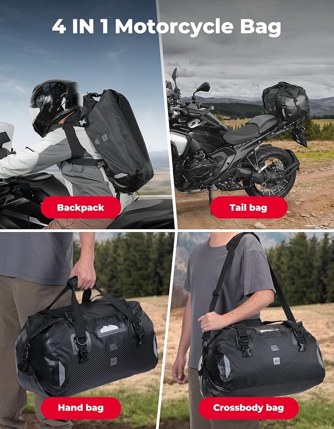 KEMIMOTO Waterproof Motorcycle Dry Bag – Duffle Tail Bag Soft Luggage, 25L/40L/65L Large Capacity with 4 Quick-Release Straps, Dustproof for Touring, Adventure, Motorcycling & Camping Black