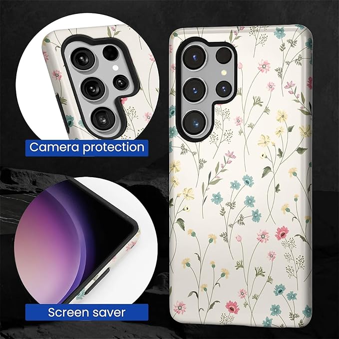 for Samsung Galaxy S25 Ultra Case,HL2 Beige Flower Branch Hybrid 2 Layer Hard Shell Silicone Protective Pattern Design Case