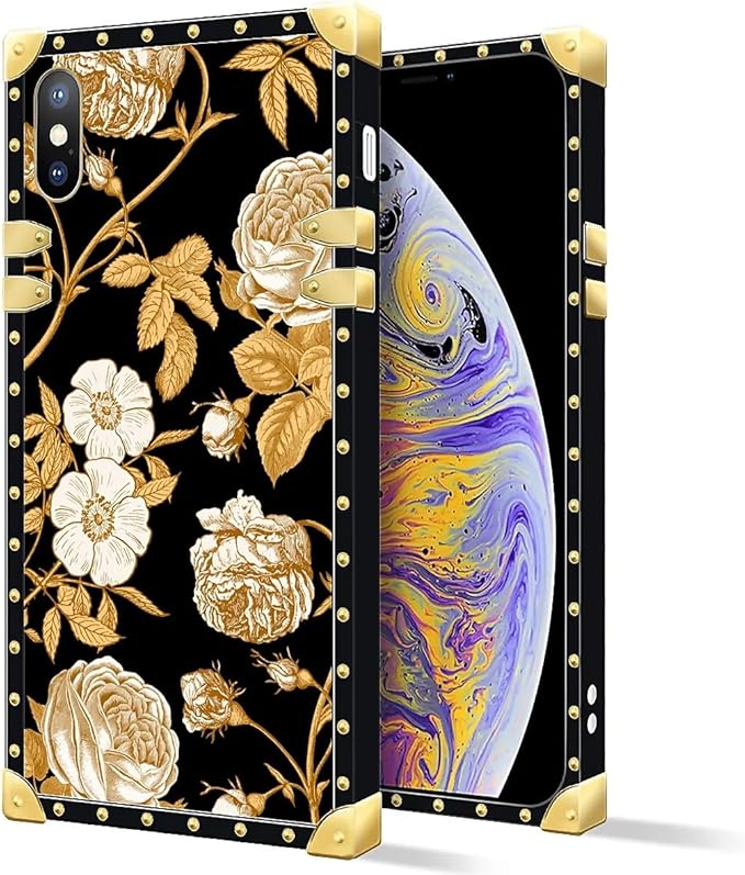Compatible with iPhone XR Case, Blooming Rose Golden Flower Luxury Golden Decoration for Girl Women Soft TPU Shockproof Protective Hard PC Back for iPhone XR