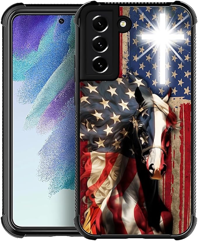 for Samsung Galaxy S21 FE Case, Red American Flag Horse Cross Pattern Graphic Design Girl Boy Soft Silicone Hard Acrylic Shock Protection for Samsung Galaxy S21 FE