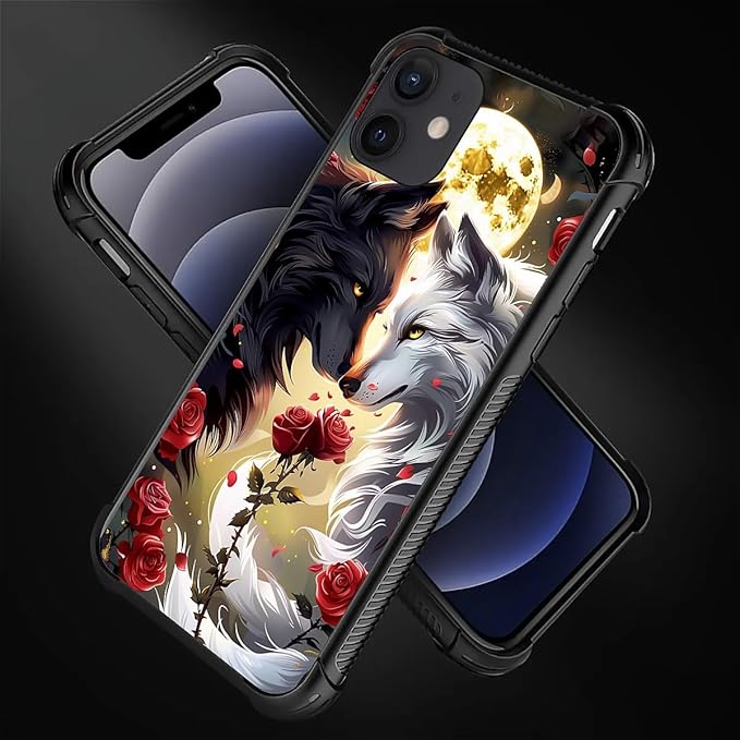 for iPhone 12 Mini Case, Black White Wolf Moon Flower Rose Pattern Made of Soft Silicone Hard Acrylic Shock Protection for iPhone 12 Mini