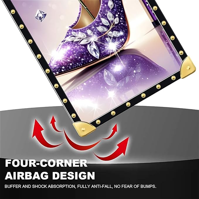 Compatible with iPhone 16 Case, High Heeled Purple Diamond Rose Luxury Golden Decoration for Girl Women Soft TPU Shockproof Protective Hard PC Back for iPhone 16