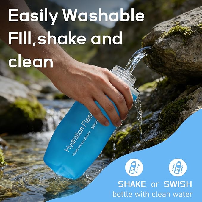 700ml Soft Flask Water Bottle, Collapsible Water Bottle with Filter, Perfect for Hiking, Backpacking, and Camping - Blue