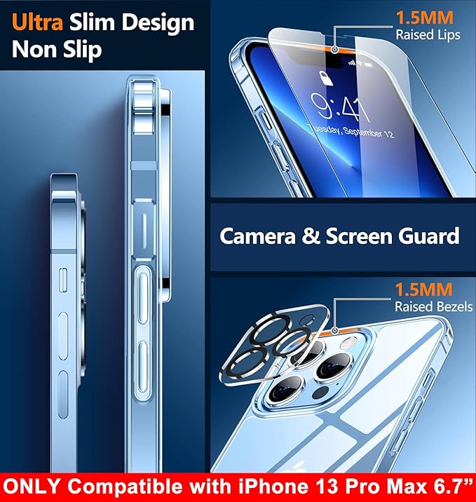 SPIDERCASE Only Designed for iPhone 13 Pro Max Case, Slim Thin Phone Case Only for iPhone 13 Pro Max 6.7", Clear