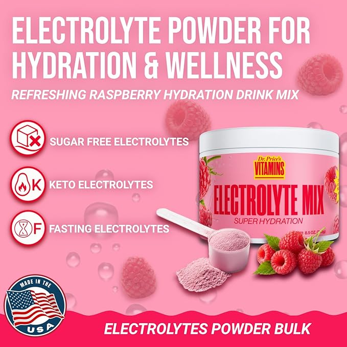 Dr. Price’s Electrolytes Powder Bulk – Raspberry, 90 Servings | Sugar Free Hydration Drink Mix with 72+ Trace Minerals, Manganese | Keto Electrolytes | Vegan, Doctor-Formulated, Made in USA