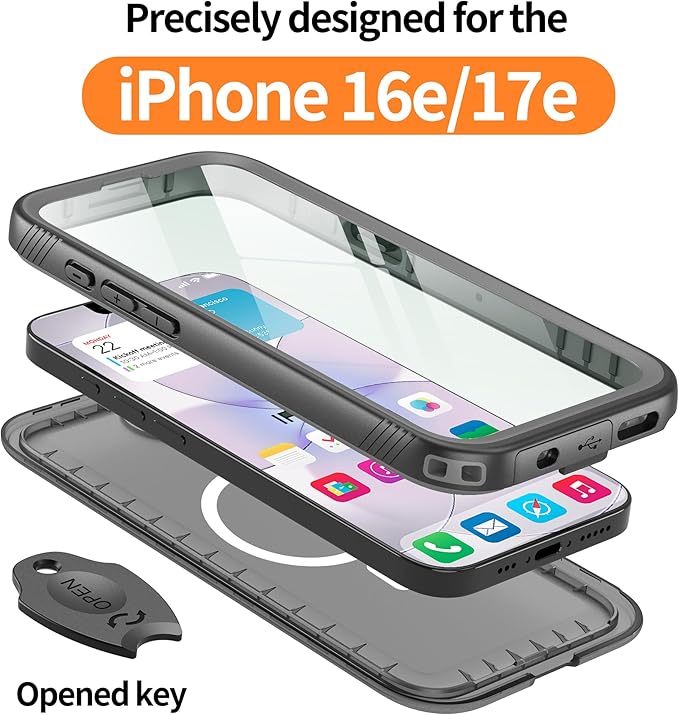 Cozycase TOP Military Shockproof IP68 Waterproof Case for iPhone 16e/iPhone 17e [Compatible with MagSafe] Heavy Duty 360 Full Body with Screen Camera Protector Double Dustproof Hard Tough Cover Black