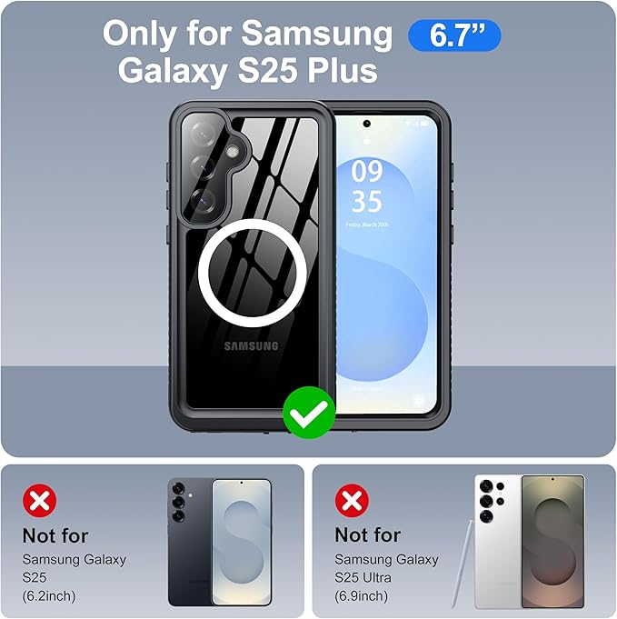 ANTSHARE IP68 Waterproof Case for Samsung Galaxy S25 Plus [2025] - MagSafe Compatible, Built-in Screen/Lens Protector - Shockproof Full Body Protection for Swimming/Outdoor, Black/Clear